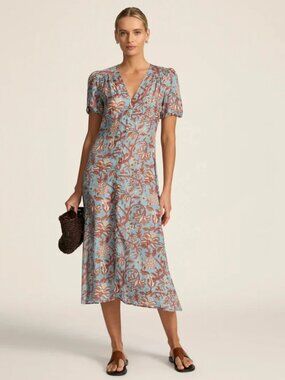 Hannah Art Wear Olivia Midi Dress - Fernando Sky (100% Silk) Size 2